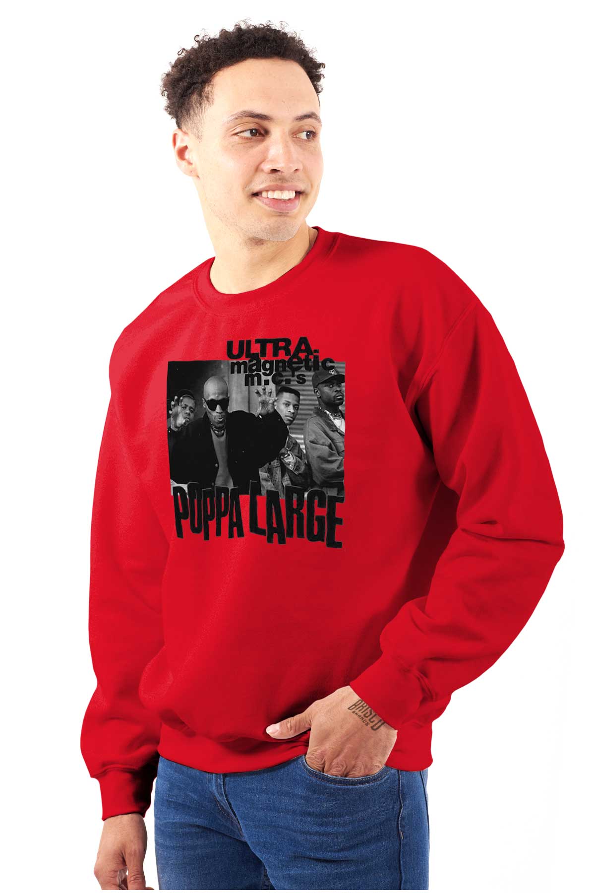 This image is a poster from the 90s hip-hop era featuring the iconic crew, Ultra Magnetic M.Cs. The design boldly showcases four influential figures with their names in the background.