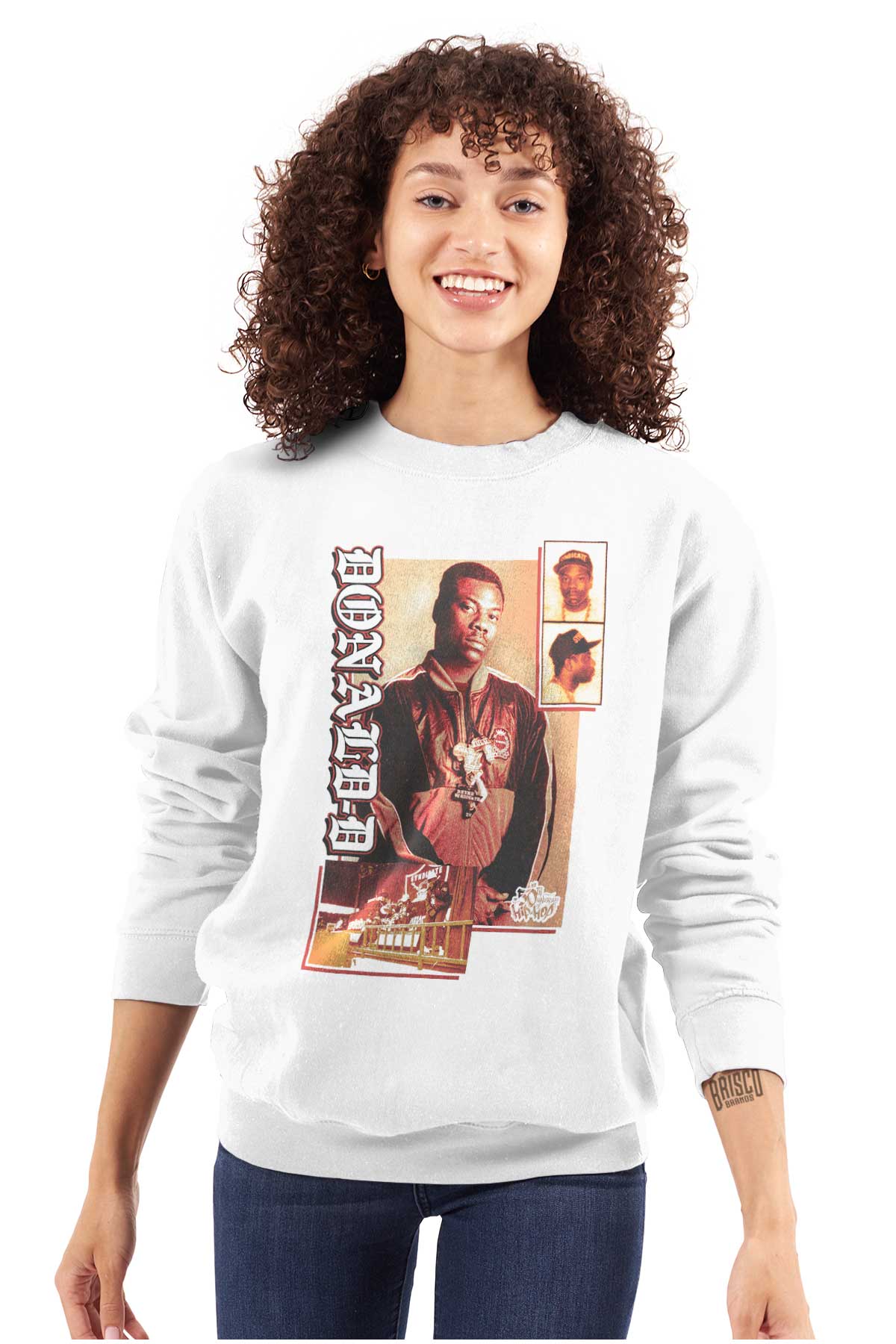 This image is a t-shirt with a design of hip-hop pioneer Donald D, honoring the original artists and culture of hip-hop.