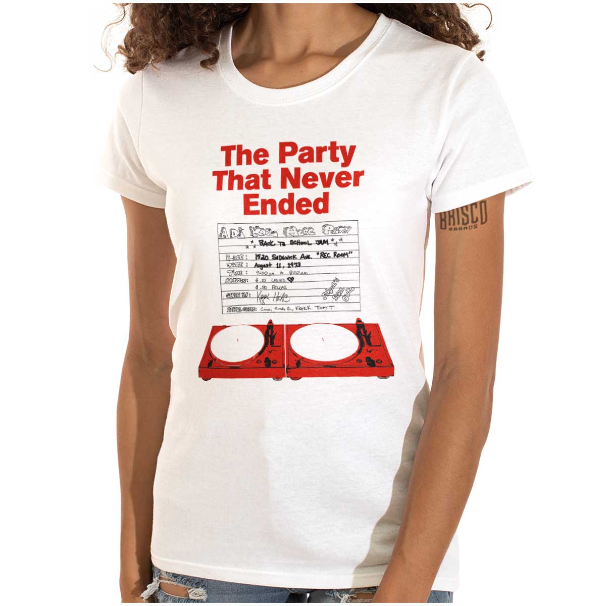 The image honors the founders of hip hop with a graffiti portrayal of a DJ booth and spinning discs, representing the lively and dynamic nature of the hip hop culture and DJ Herc's influential legacy.