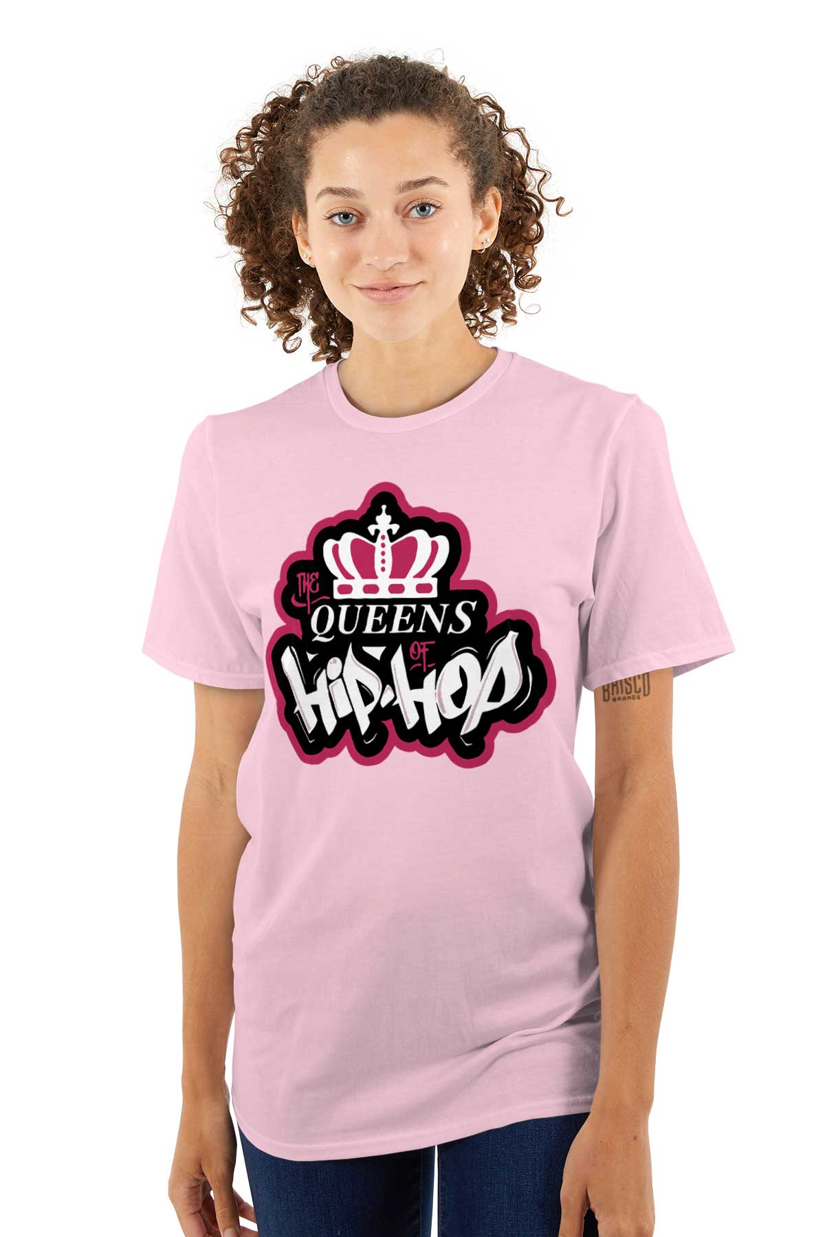 This streetwear design pays homage to influential female hip hop artists, with a graffiti-style logo of a crown in bold pink and white colors, symbolizing their confidence and vibrant energy.