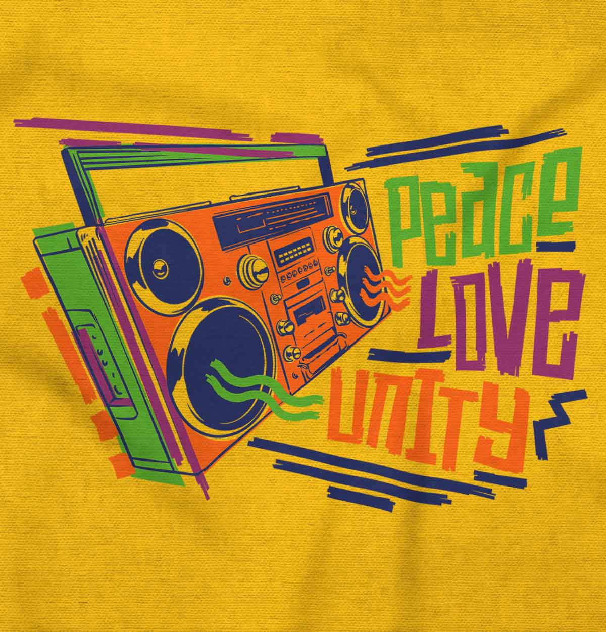 This artwork is a graffiti-style design with a boombox, symbolizing unity, peace, and love, bringing people together through music and reminding us of the power of positivity.