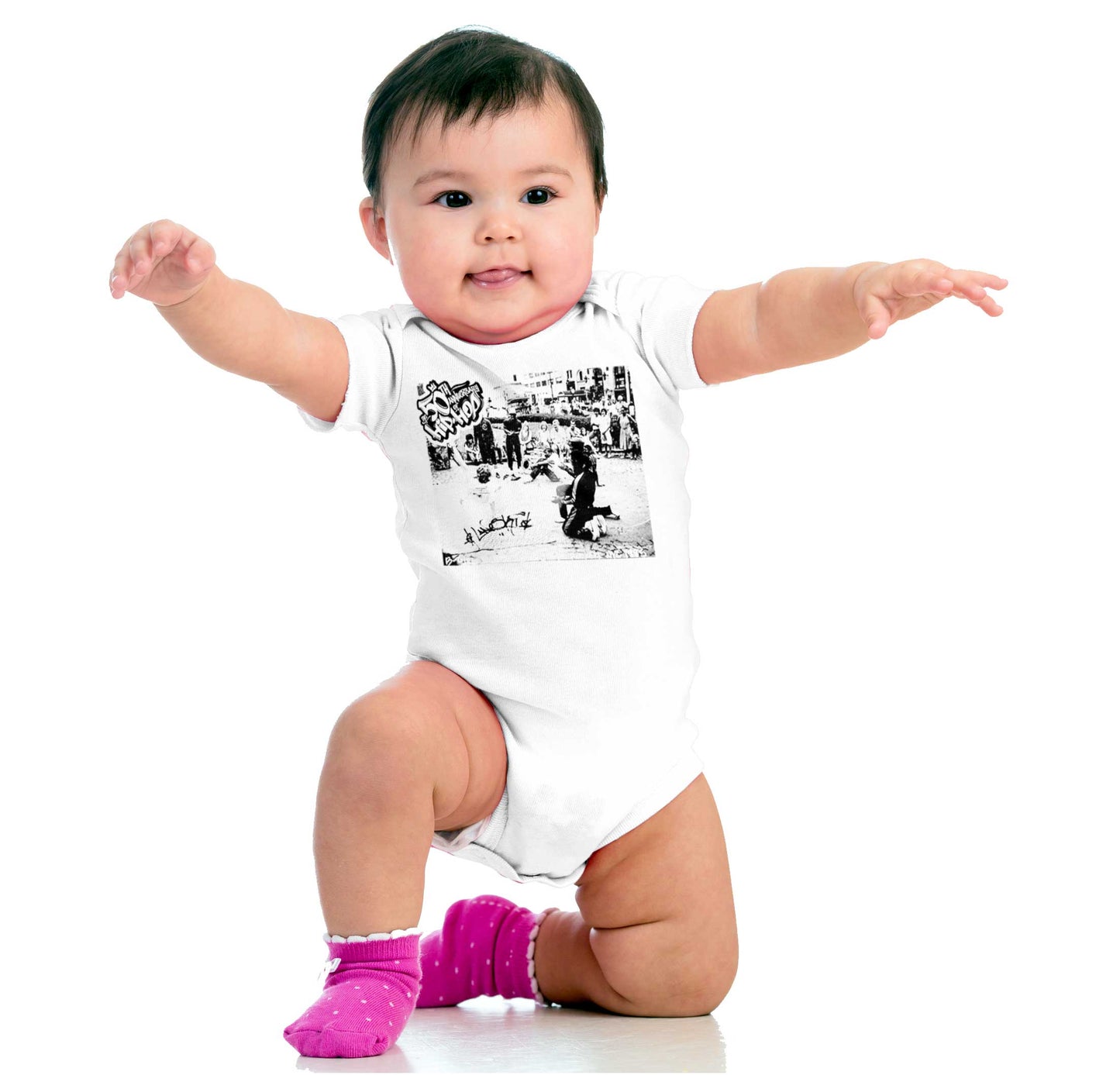 The image of B-Girl Laneski performs her iconic 'Thomas Flair' move in 1985 New York City, impressing the crowd and honoring breakdancing pioneers.