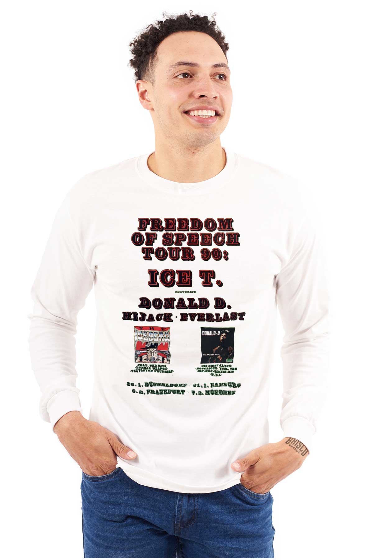 This shirt is a souvenir from a memorable tour featuring Ice-T and Donald-D. It allows you to feel the energy and vibe of their legendary hip-hop experience. It's not just clothing, it's a piece of hip-hop history.
