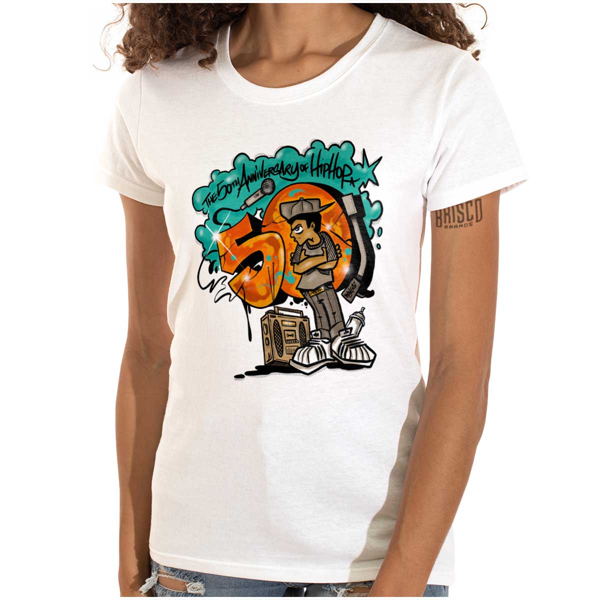 This graffiti art captures the essence of hip-hop culture with a cool figure and a nod to the 50th anniversary of hip hop. The vibrant colors of green and orange add a burst of flavor.