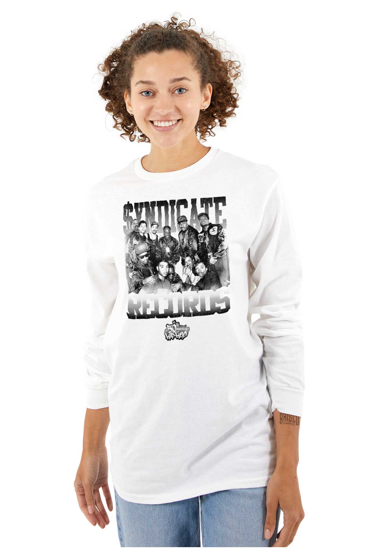 This picture features a black and white shirt with the 50th anniversary logo of Hip Hop, honoring its pioneers and the spirit of the culture.