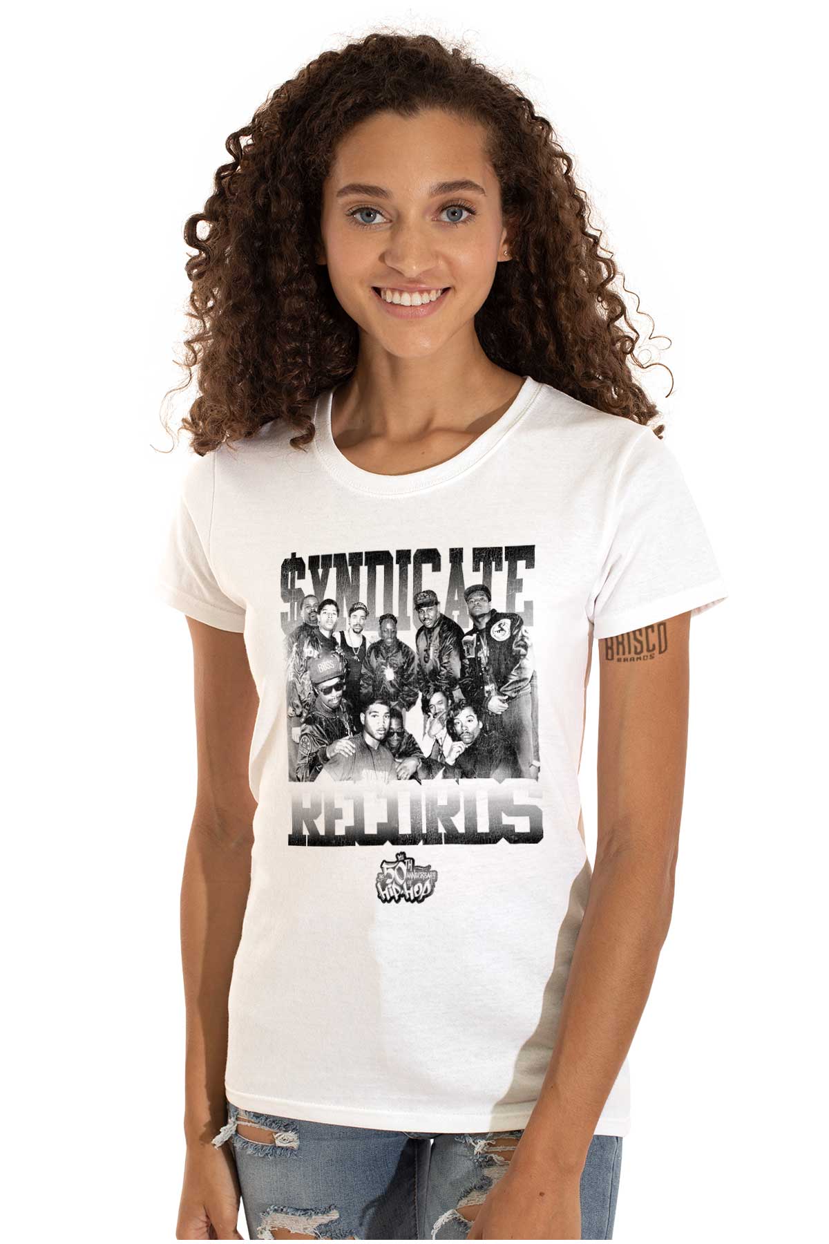 This picture features a black and white shirt with the 50th anniversary logo of Hip Hop, honoring its pioneers and the spirit of the culture.