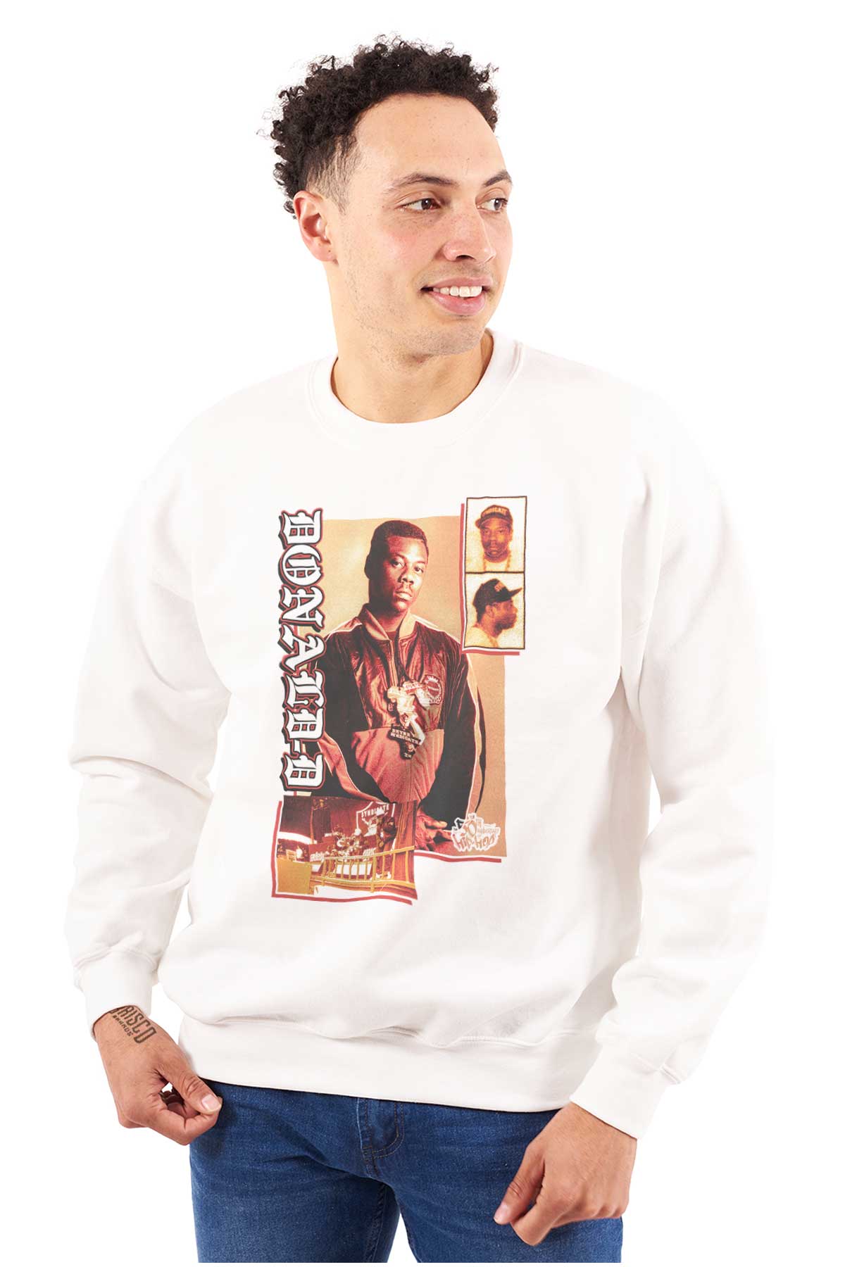 This image is a t-shirt with a design of hip-hop pioneer Donald D, honoring the original artists and culture of hip-hop.