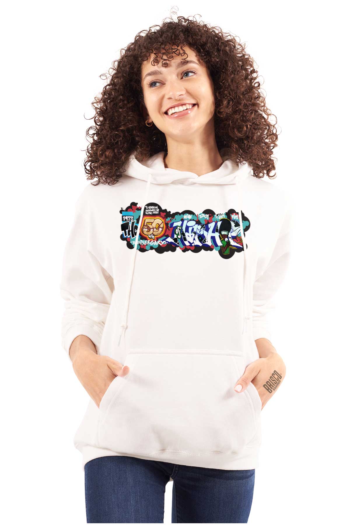 This image depicts vibrant graffiti art celebrating the 50th anniversary of Hip Hop, capturing its energy and creativity, and allowing you to embrace its rhythm, soul, and history through your style.