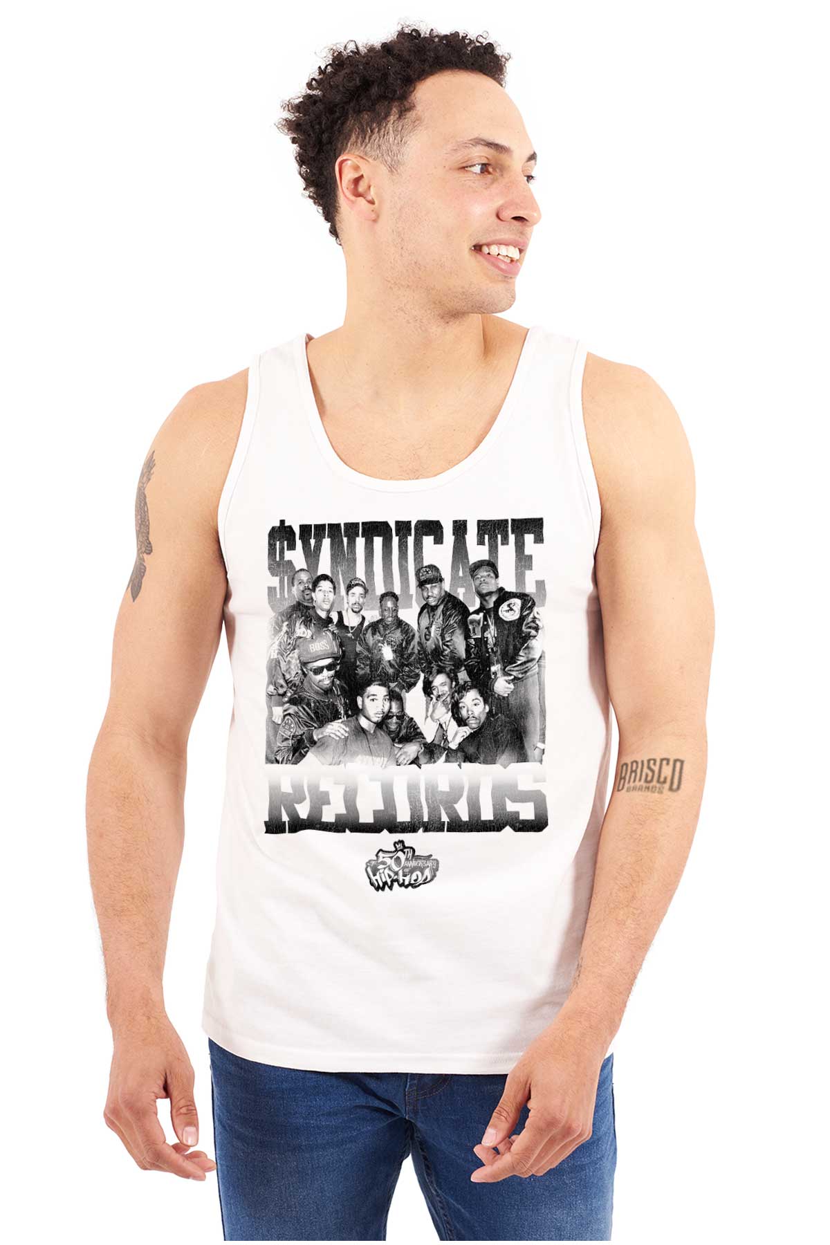 This picture features a black and white shirt with the 50th anniversary logo of Hip Hop, honoring its pioneers and the spirit of the culture.
