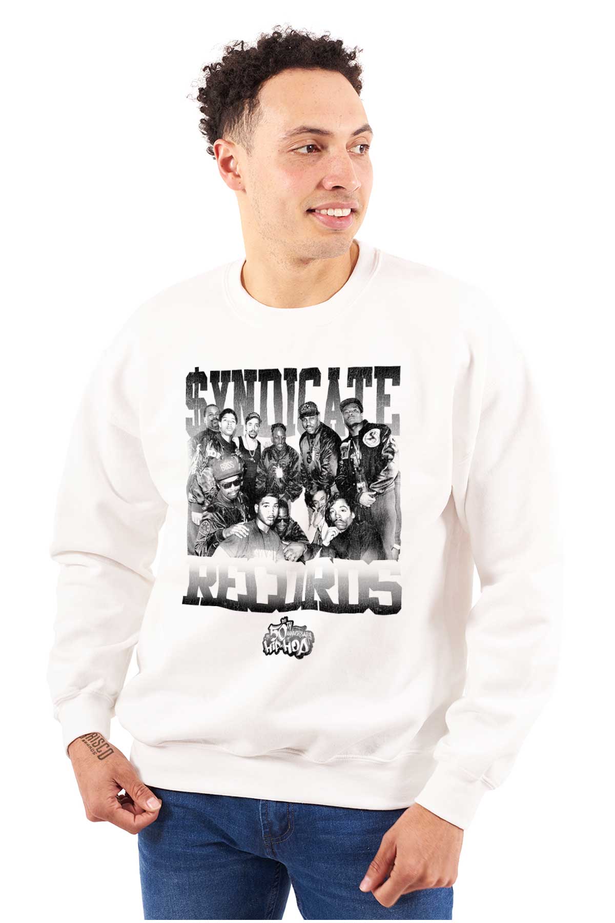 This picture features a black and white shirt with the 50th anniversary logo of Hip Hop, honoring its pioneers and the spirit of the culture.