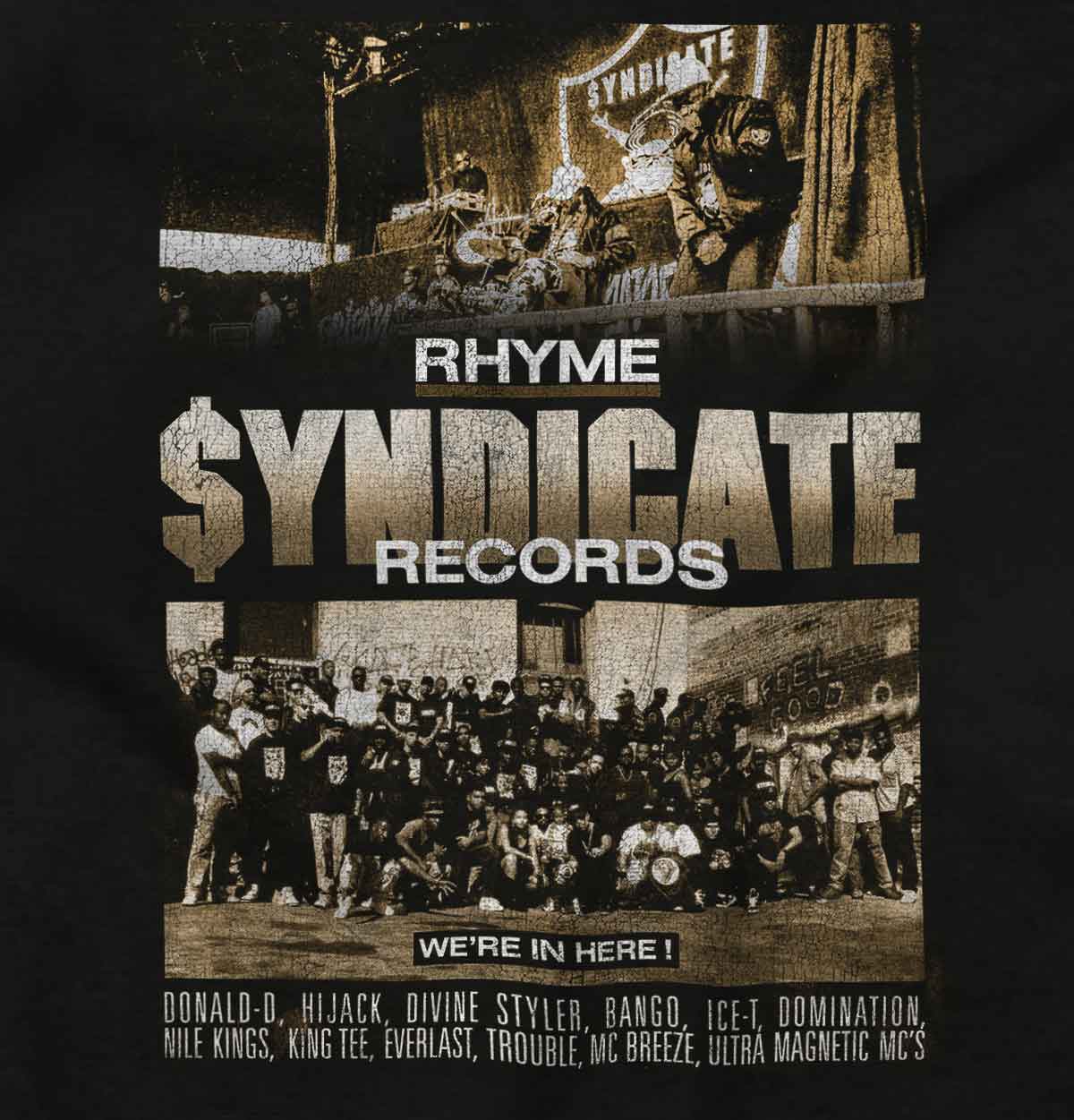 This image portrays the Rhyme Syndicate members, who are pioneers in hip-hop, standing together in a poster. It represents unity and brotherhood in the music industry. It's a nostalgic reminder of the golden days of the game.