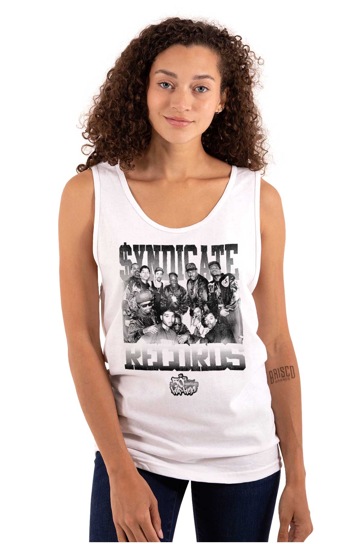 This picture features a black and white shirt with the 50th anniversary logo of Hip Hop, honoring its pioneers and the spirit of the culture.