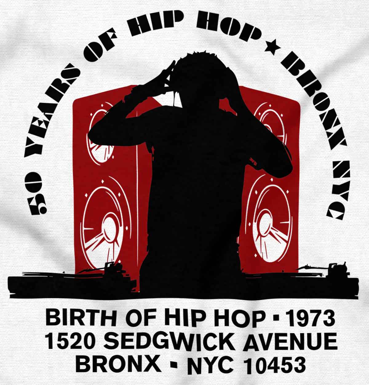 This image honors the birthplace of hip-hop and showcases its history, beats, and rhymes, representing the heart and soul of the culture showing a DJ and big speakers.