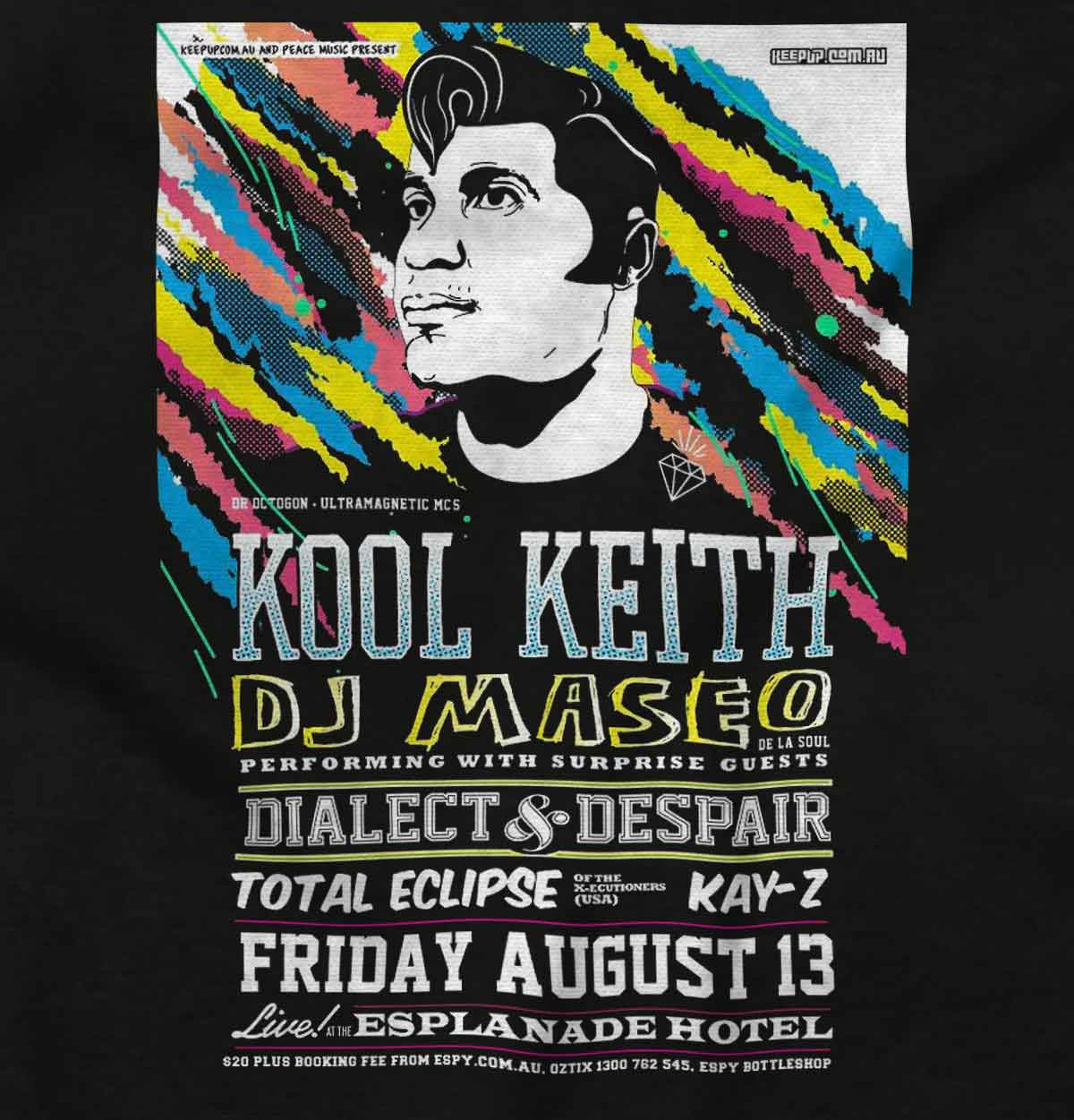 This image captures the energetic and unforgettable atmosphere of a hip-hop concert with Kool Keith and DJ Maseo. It represents the groove, rhythm, and passion of their legendary performance at the Esplanade Hotel. A symbol of the timeless message and culture that hip-hop embodies.