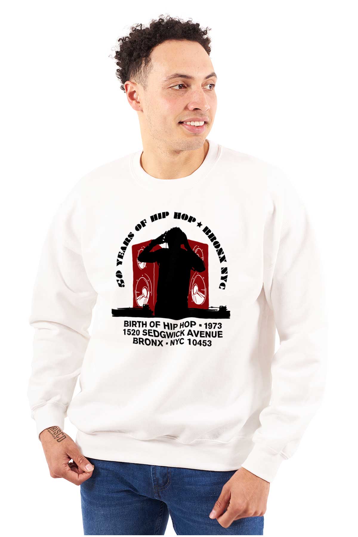 This image honors the birthplace of hip-hop and showcases its history, beats, and rhymes, representing the heart and soul of the culture showing a DJ and big speakers.