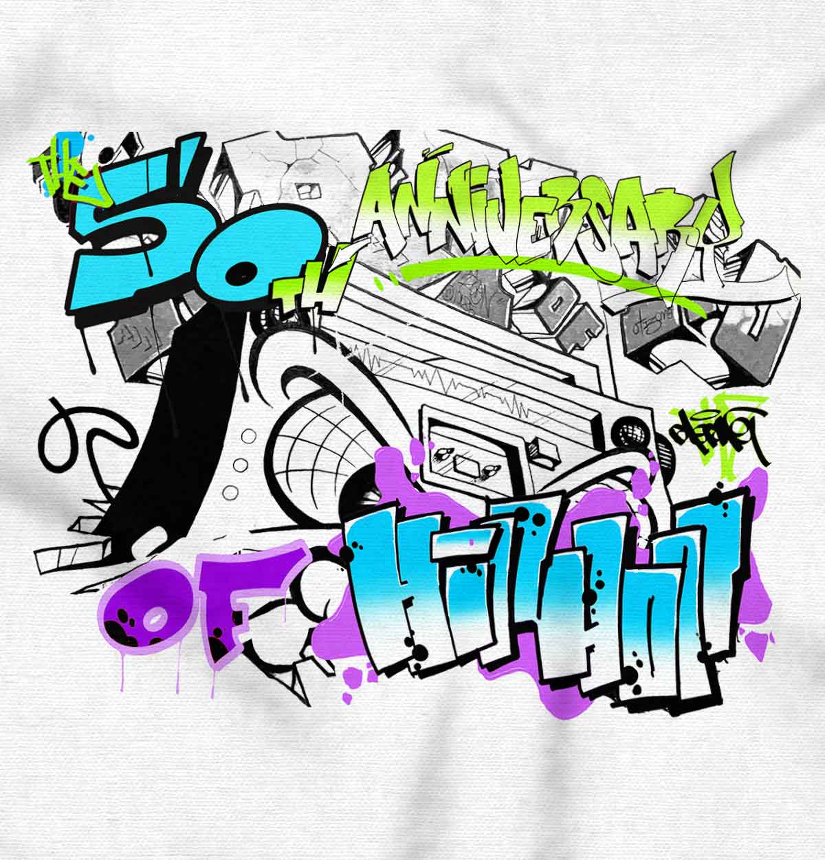 This design honors the incredible journey of Hip Hop culture with a visually captivating graffiti art.
