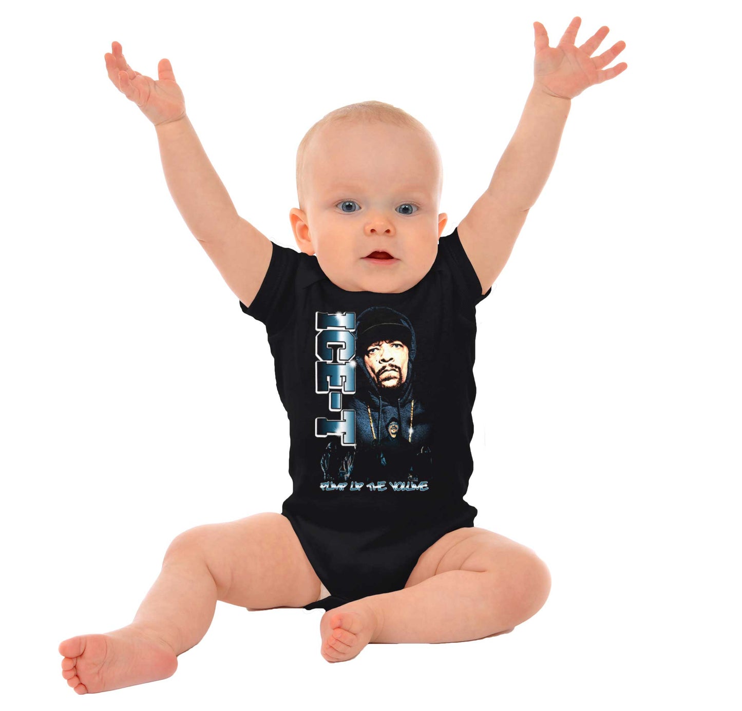 This image features the Pump Up The Volume Shirt, which showcases a hip-hop theme. It includes a picture of the OG ICE-T wearing his iconic beanie with his name on it.