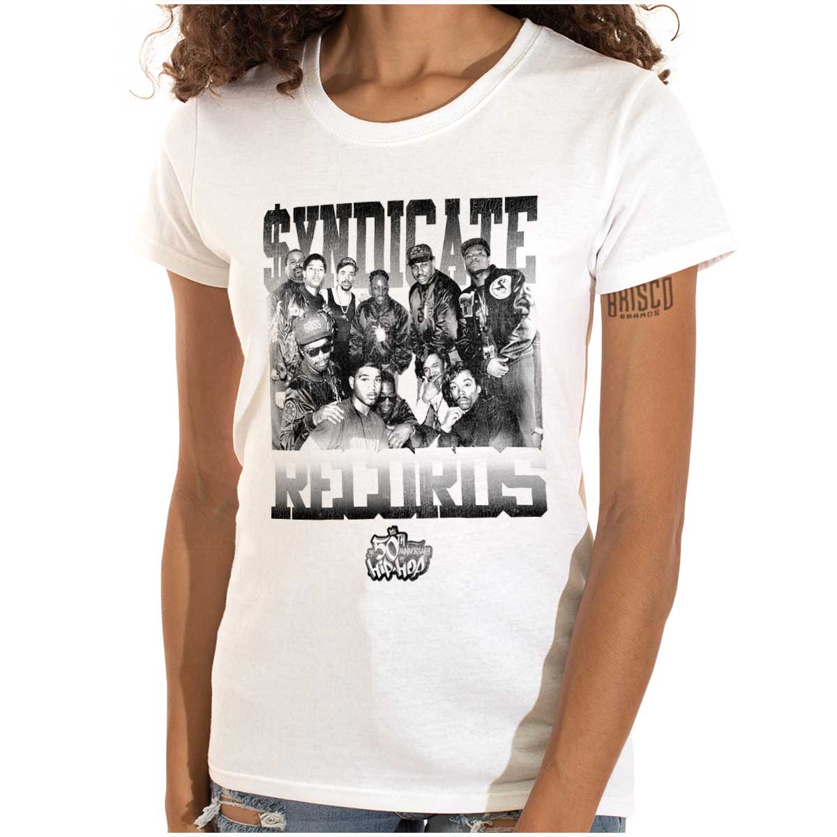 This picture features a black and white shirt with the 50th anniversary logo of Hip Hop, honoring its pioneers and the spirit of the culture.