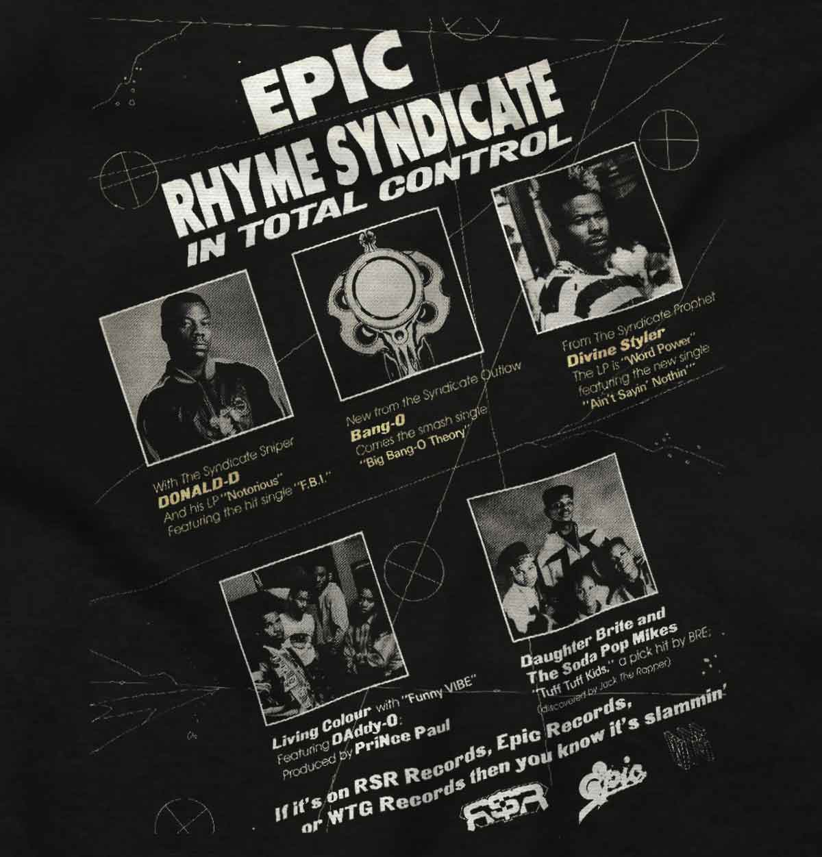 A powerful design that honors the influential "EPIC RHYME SYNDICATE" and its talented members. It showcases pictures of Donald D and his crew, reminding us of their impact on hip-hop culture.