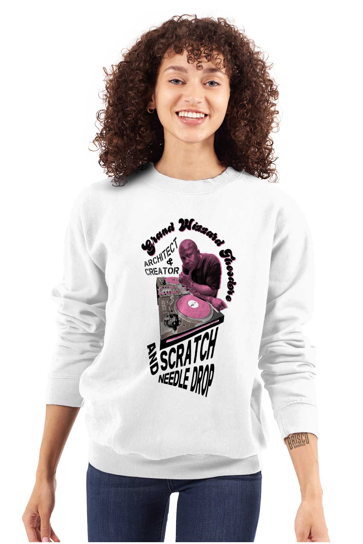 This design honors Grand Wizzard Theodore, a hip-hop pioneer, as he relaxes at his DJ Booth surrounded by text representing the greatness of hip-hop culture.