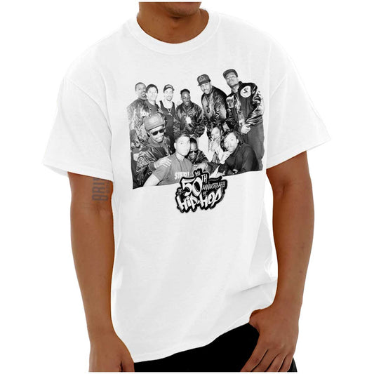 This image symbolizes the history and influence of hip-hop culture, with Ice T and his crew representing its foundation, and the 50th anniversary logo adding importance, celebrating the genre's past, present, and future.