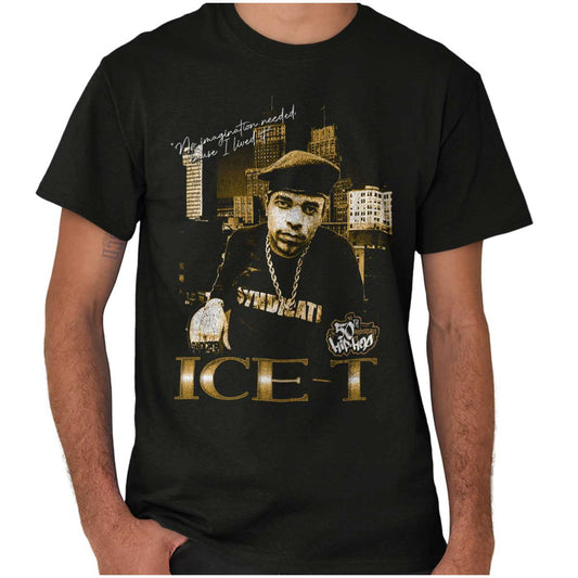The image shows a confident ICE-T wearing chains in front of city skyscrapers, representing the bold and resilient essence of hip-hop and its legacy.