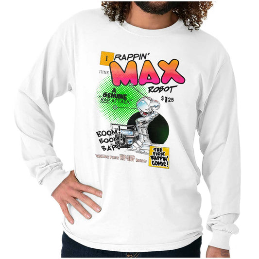 This image is a tribute to the original Rappin Max Robot, who was a pioneer in hip hop within comic books. The design features a boombox playing great beats, while Rappin Max himself is rapping on the microphone.