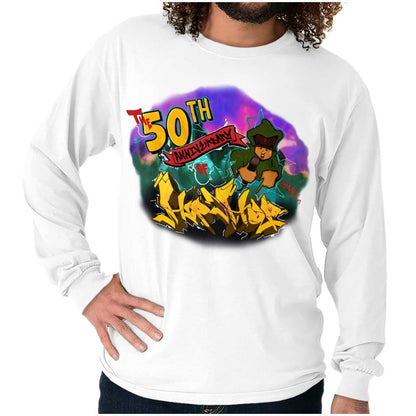 This colorful image celebrates the 50th anniversary of Hip Hop, displaying its energetic and creative essence with bold colors and passionate MCs.