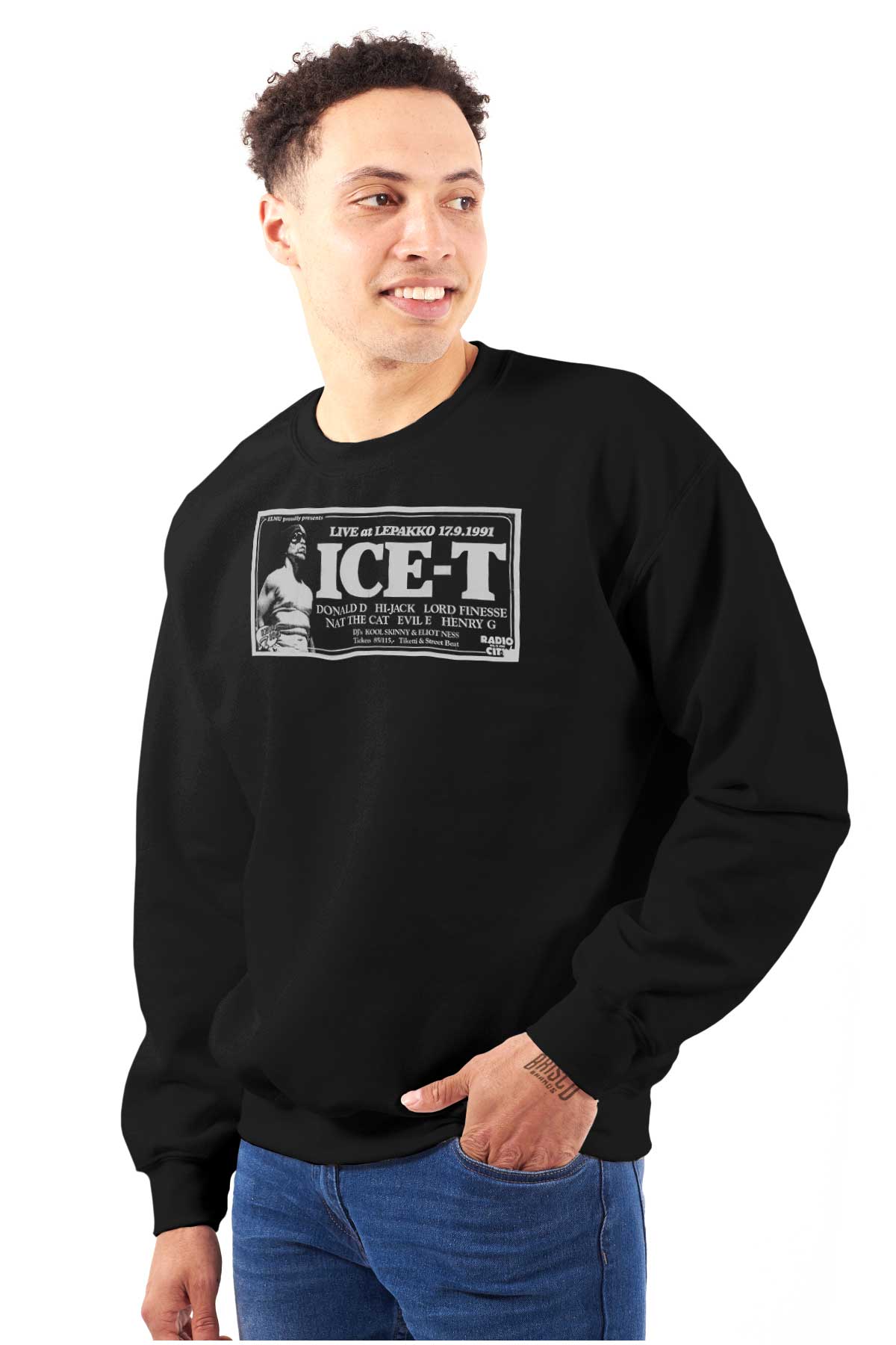 This design is a tribute to a 1991 concert with Ice-T, featuring a picture of him and celebrating the influential early '90s hip-hop era, perfect for showing appreciation to hip-hop pioneers.