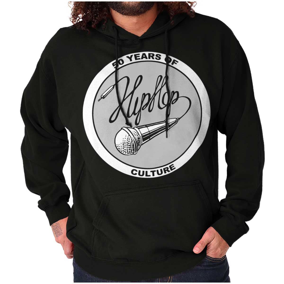 This design honors hip-hop culture and its 50-year legacy with a mic and wire writing hip hop with it, embodying its creativity and strength, allowing you to express hip-hop as a way of life.