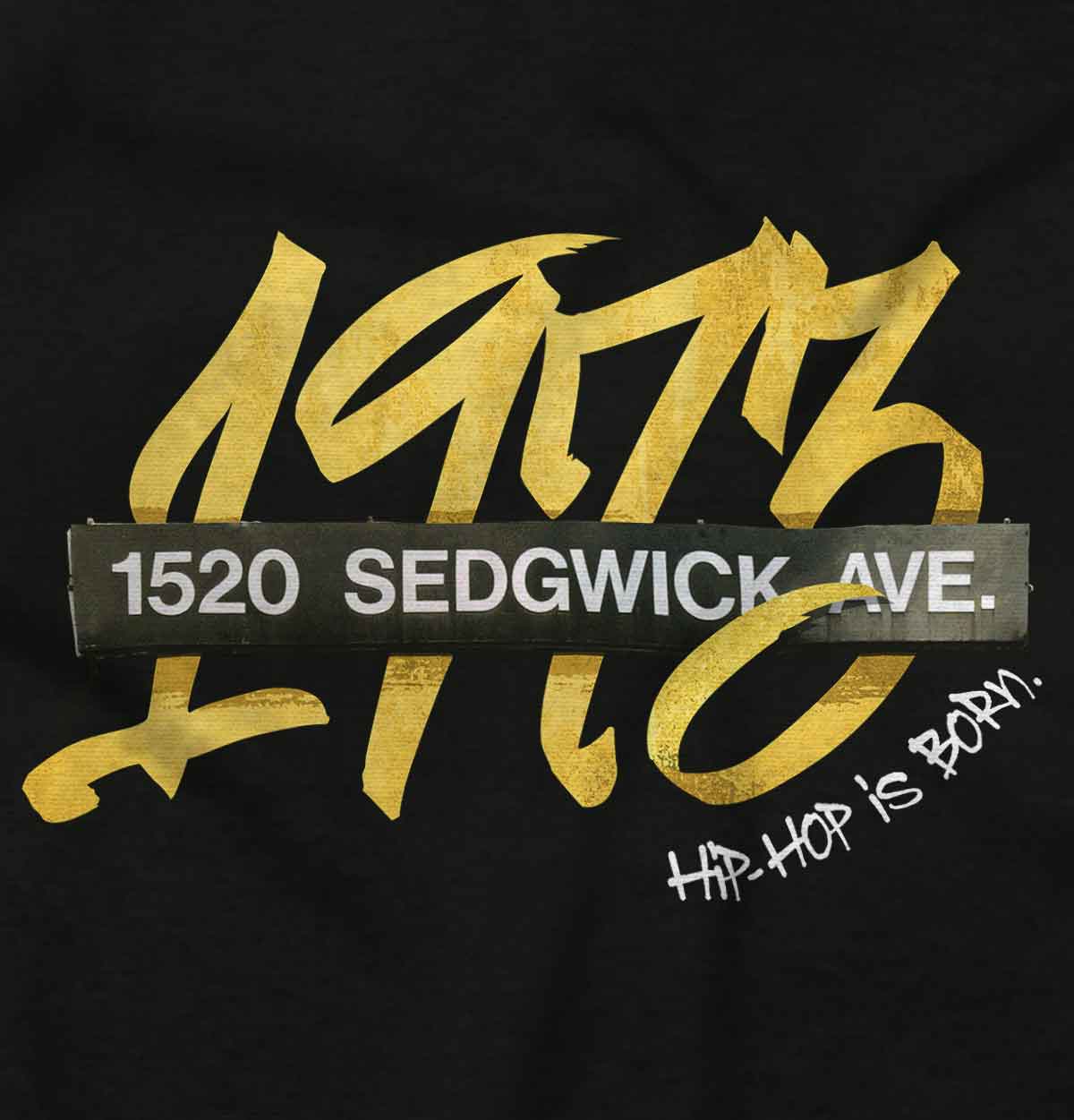 A picture honoring the birth of HipHop in 1973, showing a vintage design that takes us back to DJ Kool Herc's never-ending house party at 1520 Sedgwick Ave.