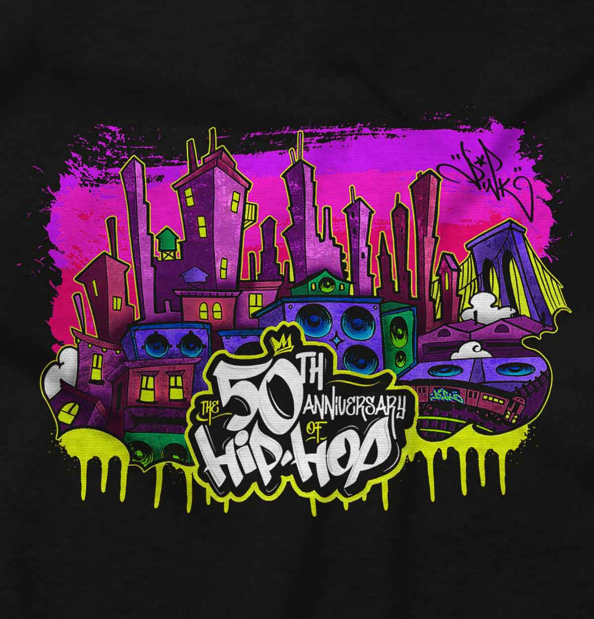 This image represents the lively streets of NYC, where hip hop originated, through towering skyscrapers, boomboxes, and vibrant colors, celebrating hip-hop's 50th anniversary.