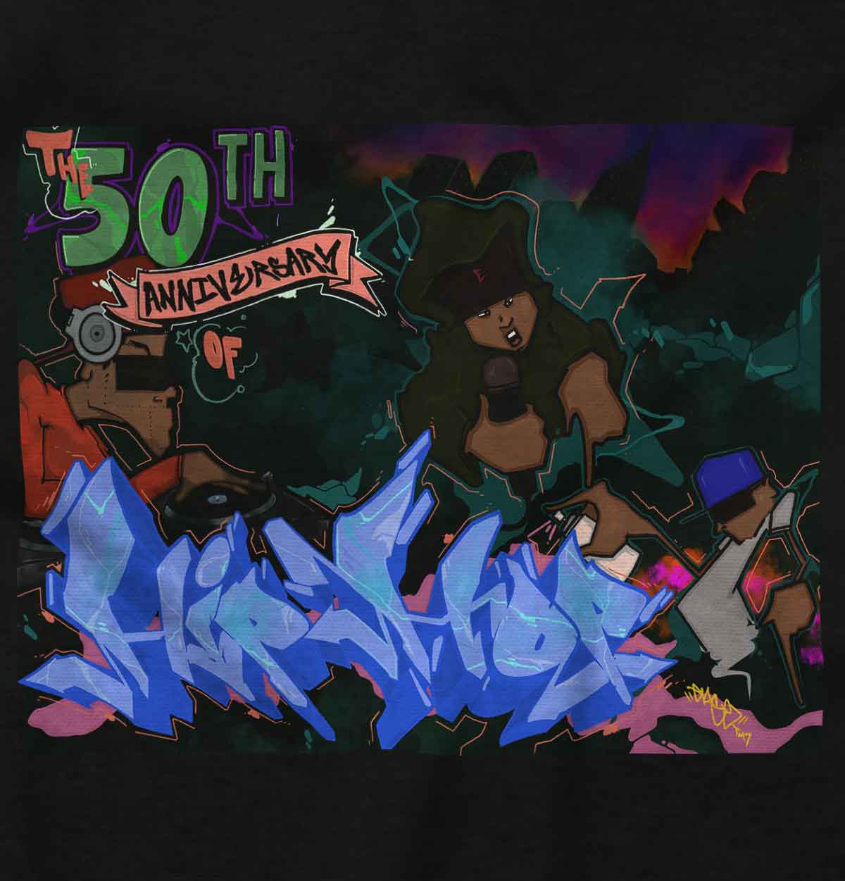 This image celebrates the 50th anniversary of hip hop with graffiti art. It is a burst of vibrant colors that captures the raw energy and creativity of the genre. The design reflects the soul of hip-hop and highlights its rich history and legendary artists.