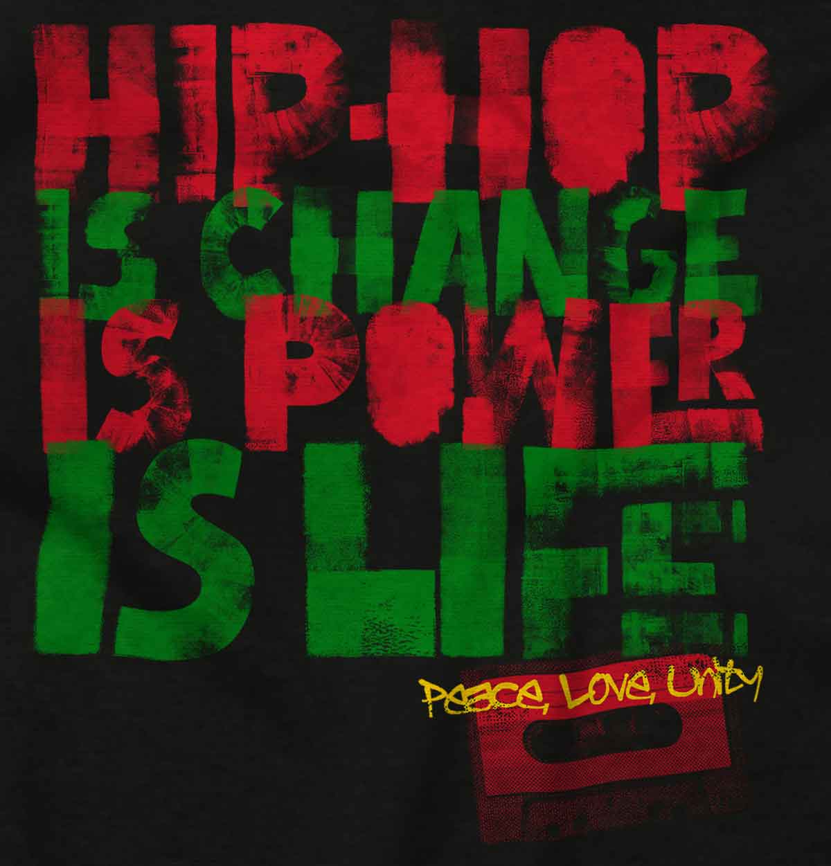 This image showcases graffiti with the words 'Hip hop is change, hip hop is power, hip hop is life.' It represents the peace and loyalty code we live by.