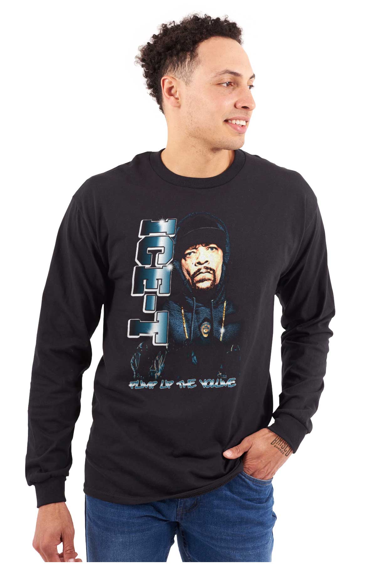 This image features the Pump Up The Volume Shirt, which showcases a hip-hop theme. It includes a picture of the OG ICE-T wearing his iconic beanie with his name on it.