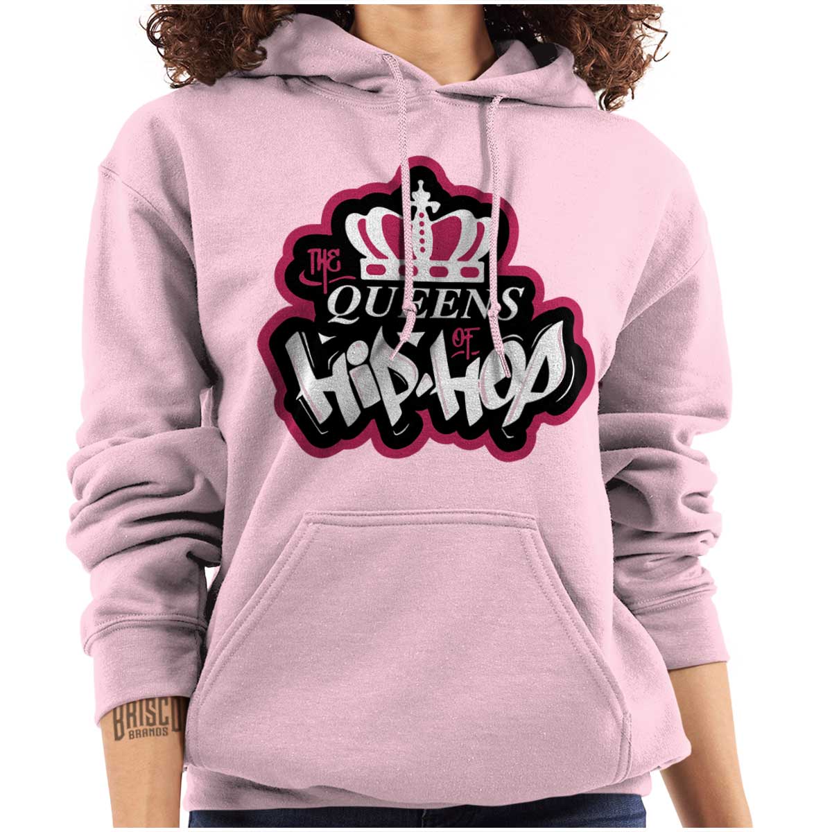 This streetwear design pays homage to influential female hip hop artists, with a graffiti-style logo of a crown in bold pink and white colors, symbolizing their confidence and vibrant energy.