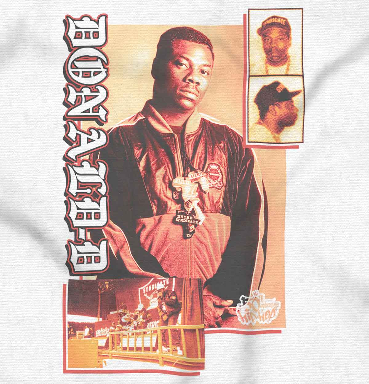 This image is a t-shirt with a design of hip-hop pioneer Donald D, honoring the original artists and culture of hip-hop.