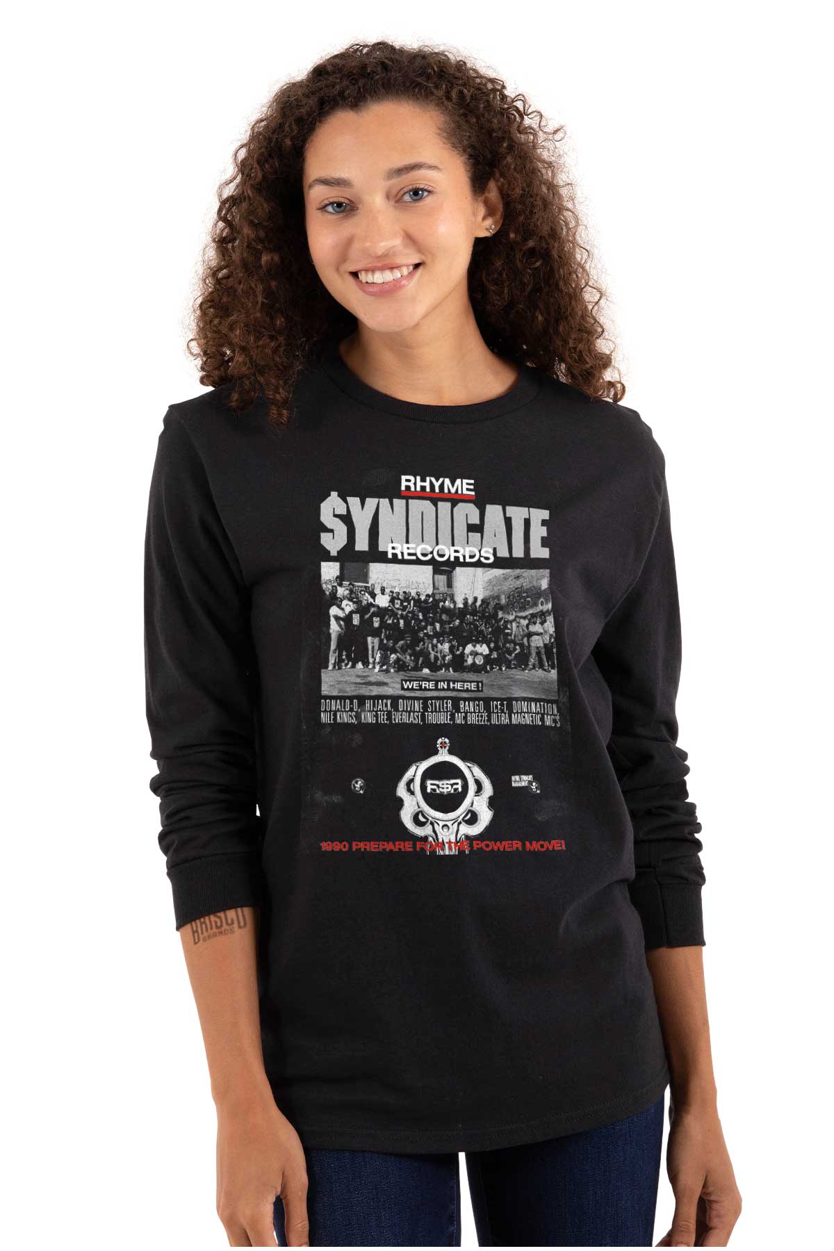 This image represents a design inspired by the 90s hip-hop era, with the logo of Rhyme Syndicate Records paying tribute to rap pioneers.