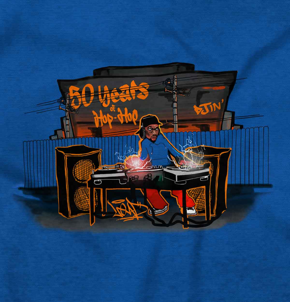 This shirt features a design inspired by urban art with a DJ mixing music and speakers playing. It's a celebration of 50 years of hip-hop and pays homage to its roots.