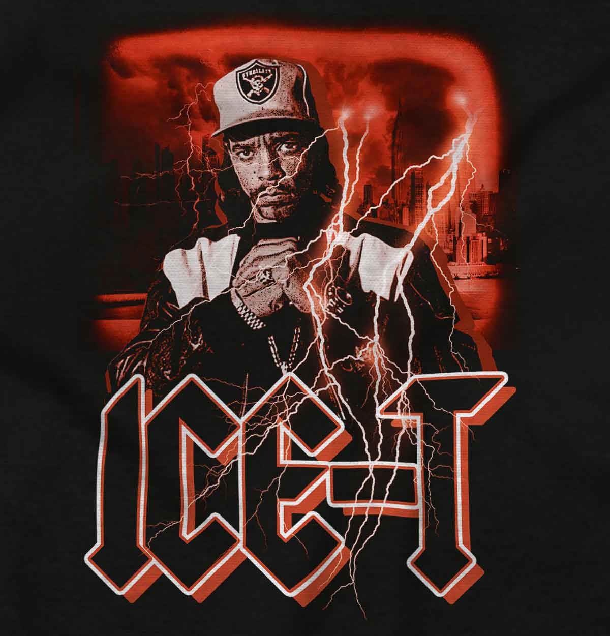 This image shows a graffiti-style picture of ICE-T with red skies and storms, representing rebellion and the enduring spirit of hip-hop, so embrace the vibe and let your style shine with this cool piece.