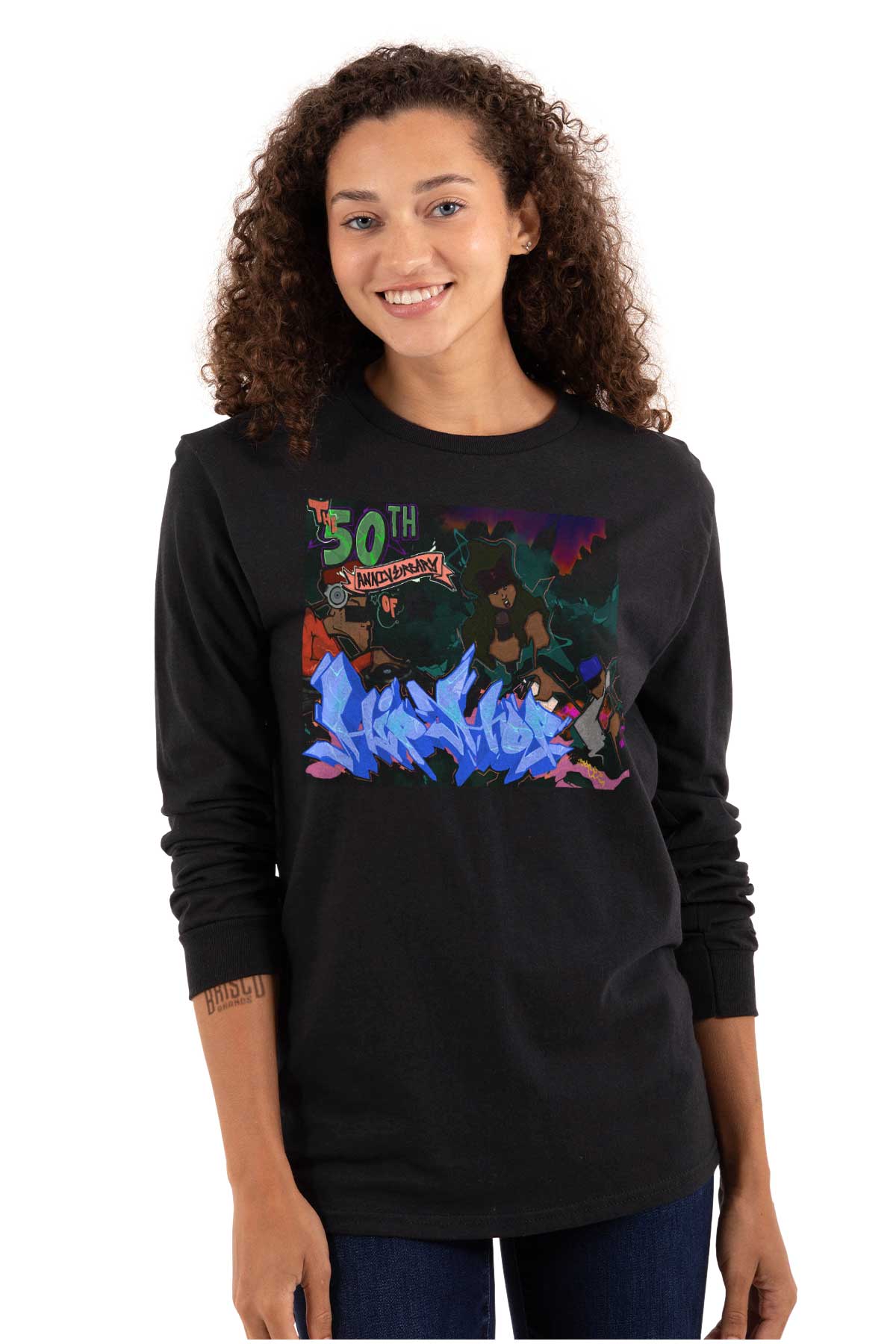 This image celebrates the 50th anniversary of hip hop with graffiti art. It is a burst of vibrant colors that captures the raw energy and creativity of the genre. The design reflects the soul of hip-hop and highlights its rich history and legendary artists.