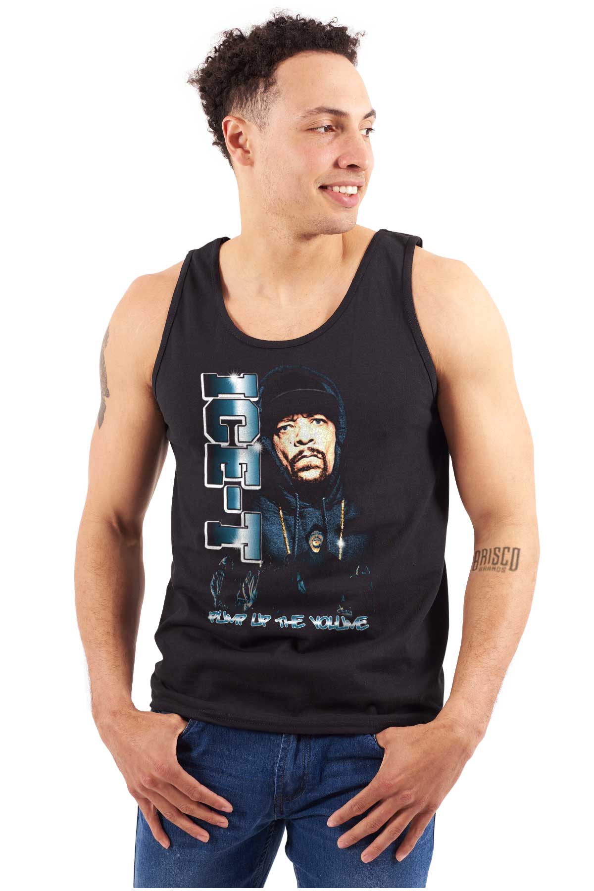 This image features the Pump Up The Volume Shirt, which showcases a hip-hop theme. It includes a picture of the OG ICE-T wearing his iconic beanie with his name on it.