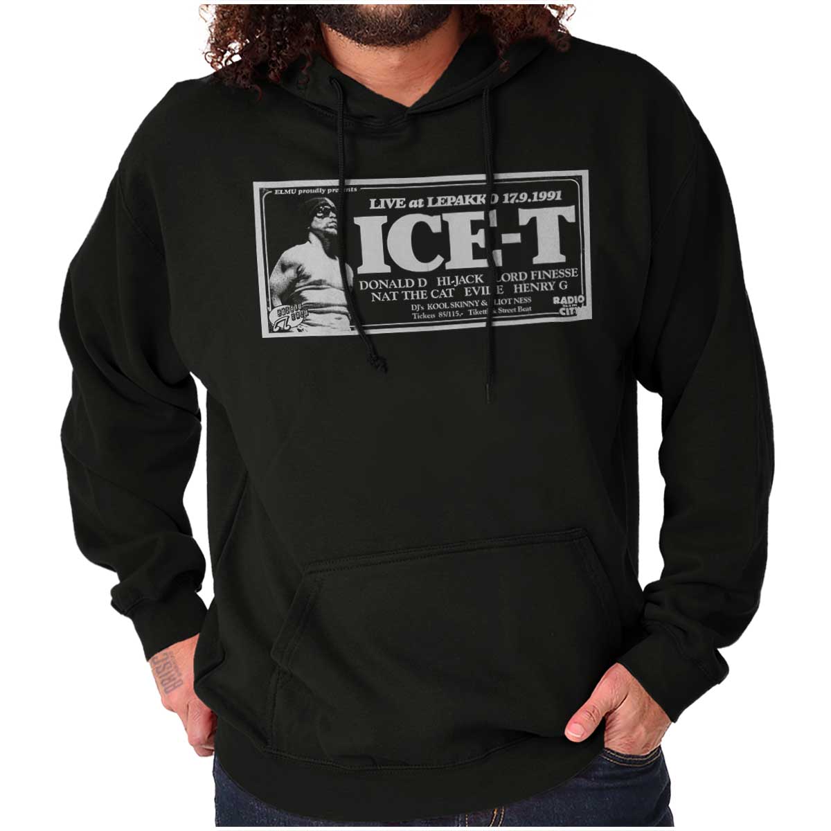 This design is a tribute to a 1991 concert with Ice-T, featuring a picture of him and celebrating the influential early '90s hip-hop era, perfect for showing appreciation to hip-hop pioneers.