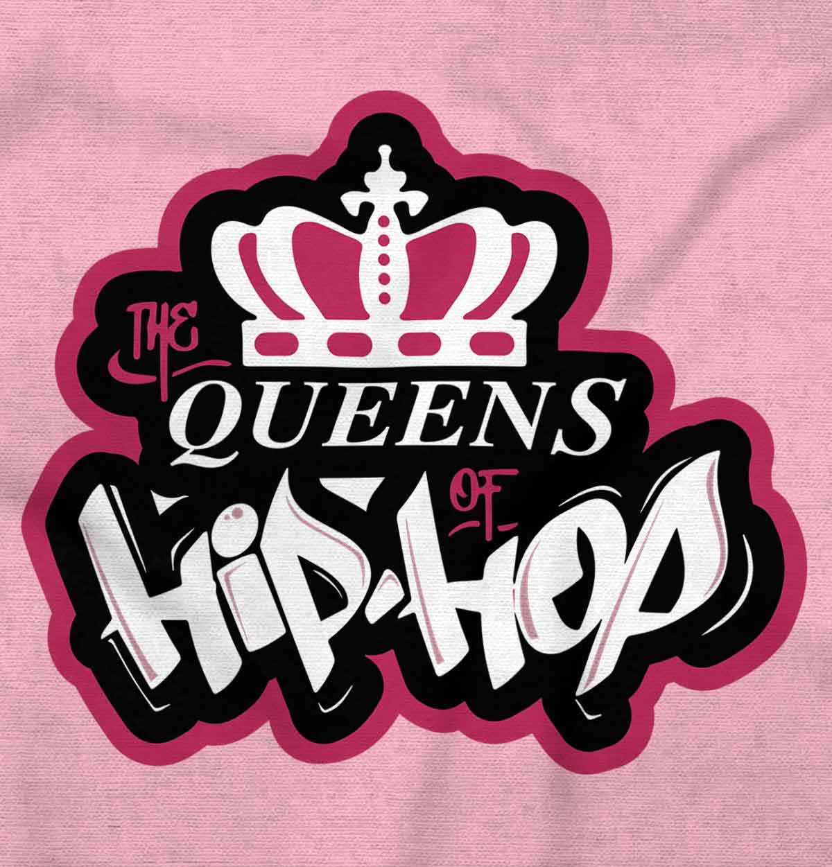 This streetwear design pays homage to influential female hip hop artists, with a graffiti-style logo of a crown in bold pink and white colors, symbolizing their confidence and vibrant energy.