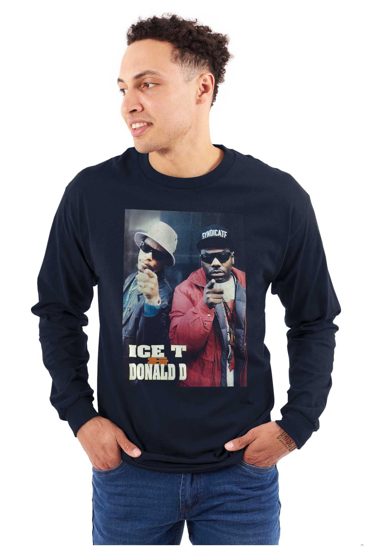 Two iconic hip-hop artists, ICE-T and Donald D, are depicted in this image wearing sunglasses and hats, symbolizing unity, strength, and determination.