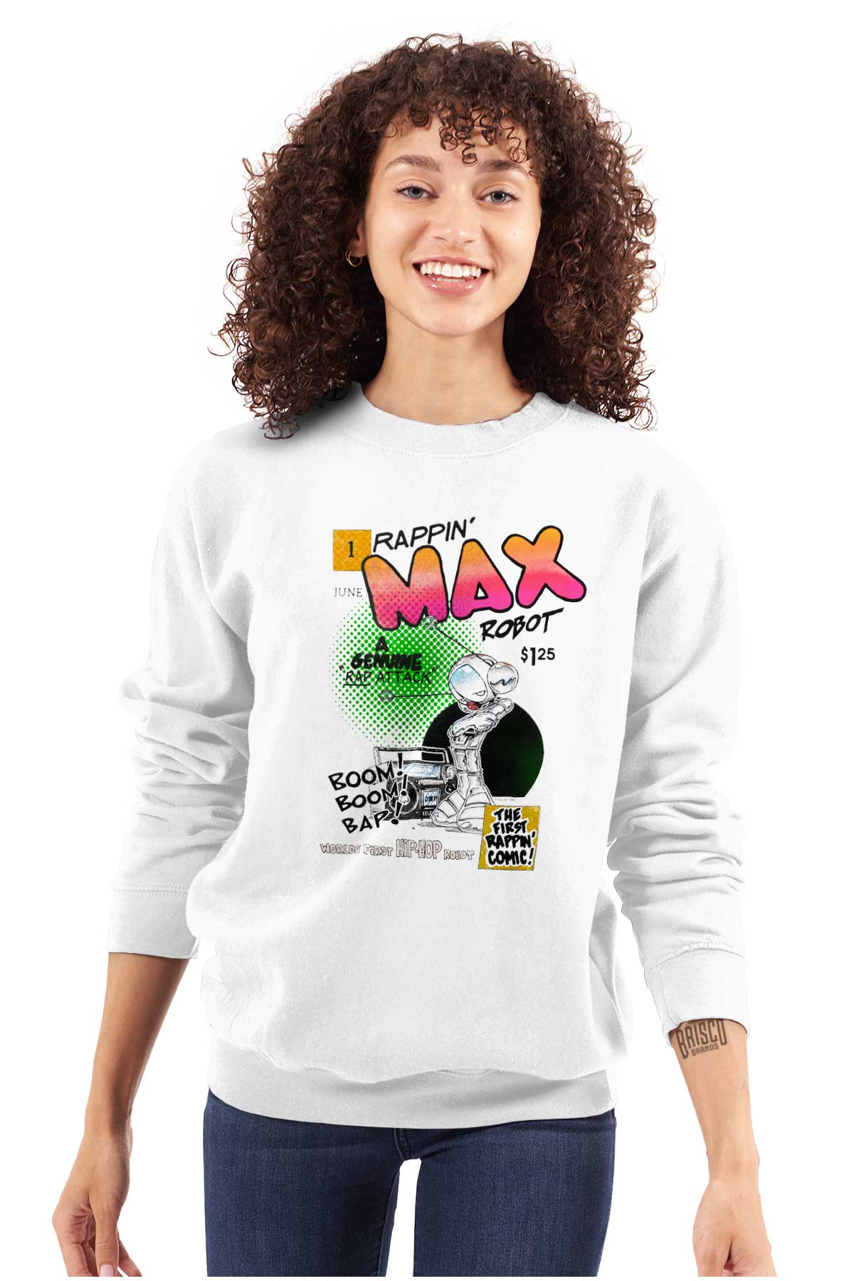 This image is a tribute to the original Rappin Max Robot, who was a pioneer in hip hop within comic books. The design features a boombox playing great beats, while Rappin Max himself is rapping on the microphone.