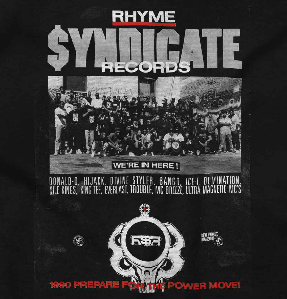 This image represents a design inspired by the 90s hip-hop era, with the logo of Rhyme Syndicate Records paying tribute to rap pioneers.