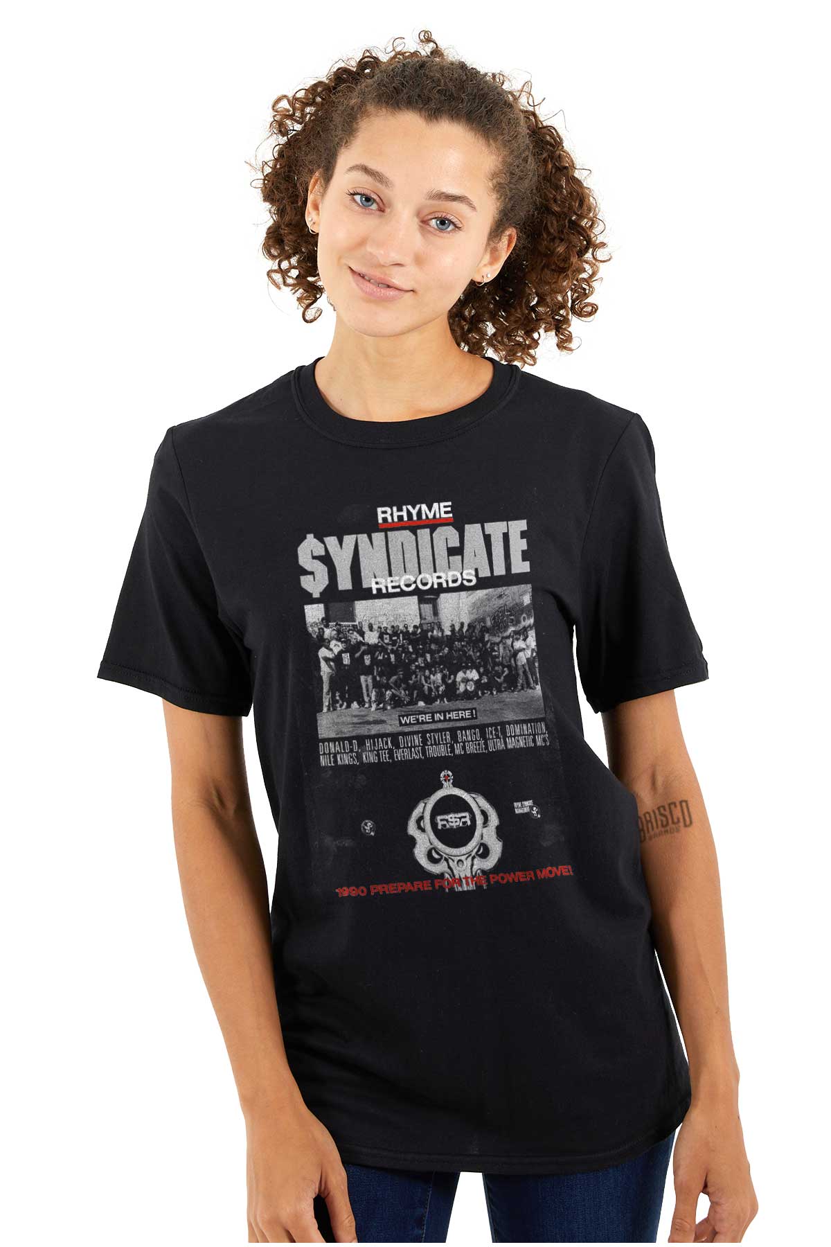 This image represents a design inspired by the 90s hip-hop era, with the logo of Rhyme Syndicate Records paying tribute to rap pioneers.