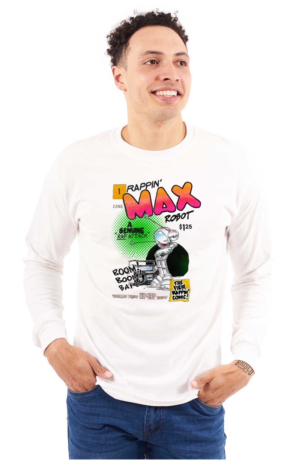 This image is a tribute to the original Rappin Max Robot, who was a pioneer in hip hop within comic books. The design features a boombox playing great beats, while Rappin Max himself is rapping on the microphone.