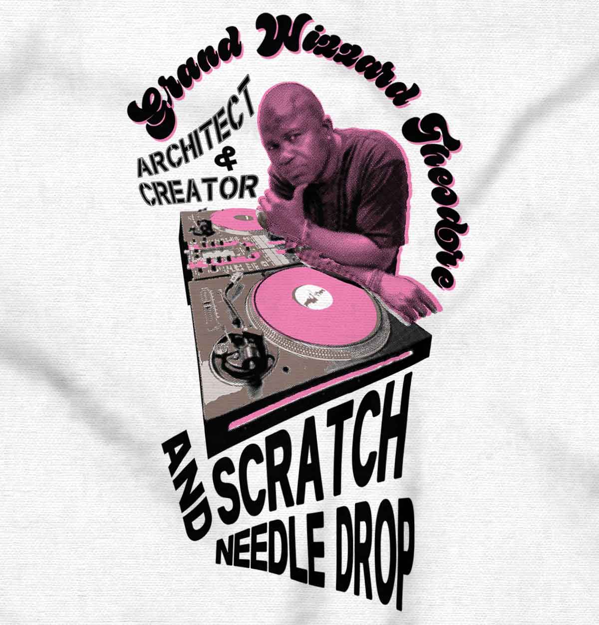 This design honors Grand Wizzard Theodore, a hip-hop pioneer, as he relaxes at his DJ Booth surrounded by text representing the greatness of hip-hop culture.